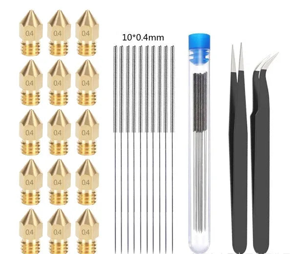 MK8 brass 0.4mm nozzle and stainless steel cleaning pin for 3D printer maintenance.