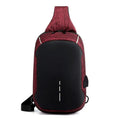Dark blue Oxford cloth waterproof chest bag with zip and adjustable strap, shown on a person's chest.