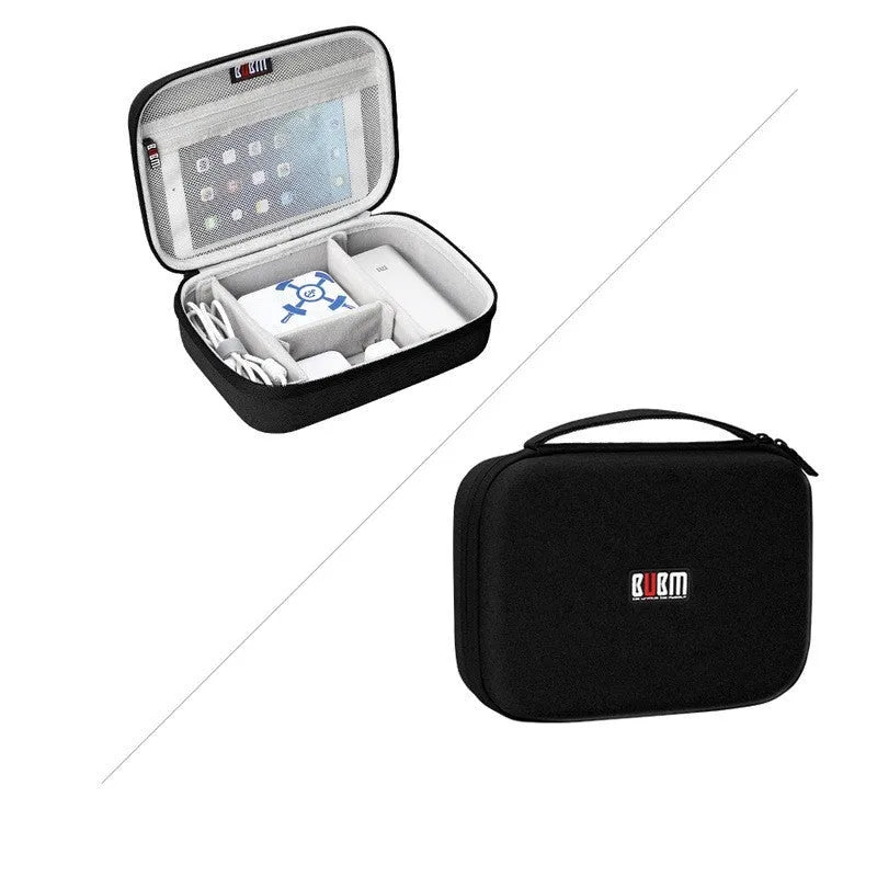 Black and grey EVA digital storage bag with hand bag shape for organising headphones and cables.