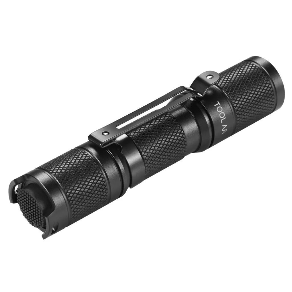 Black Lumintop Tool AA 2.0 aluminium keychain flashlight with magnetic tail cap on a keyring.