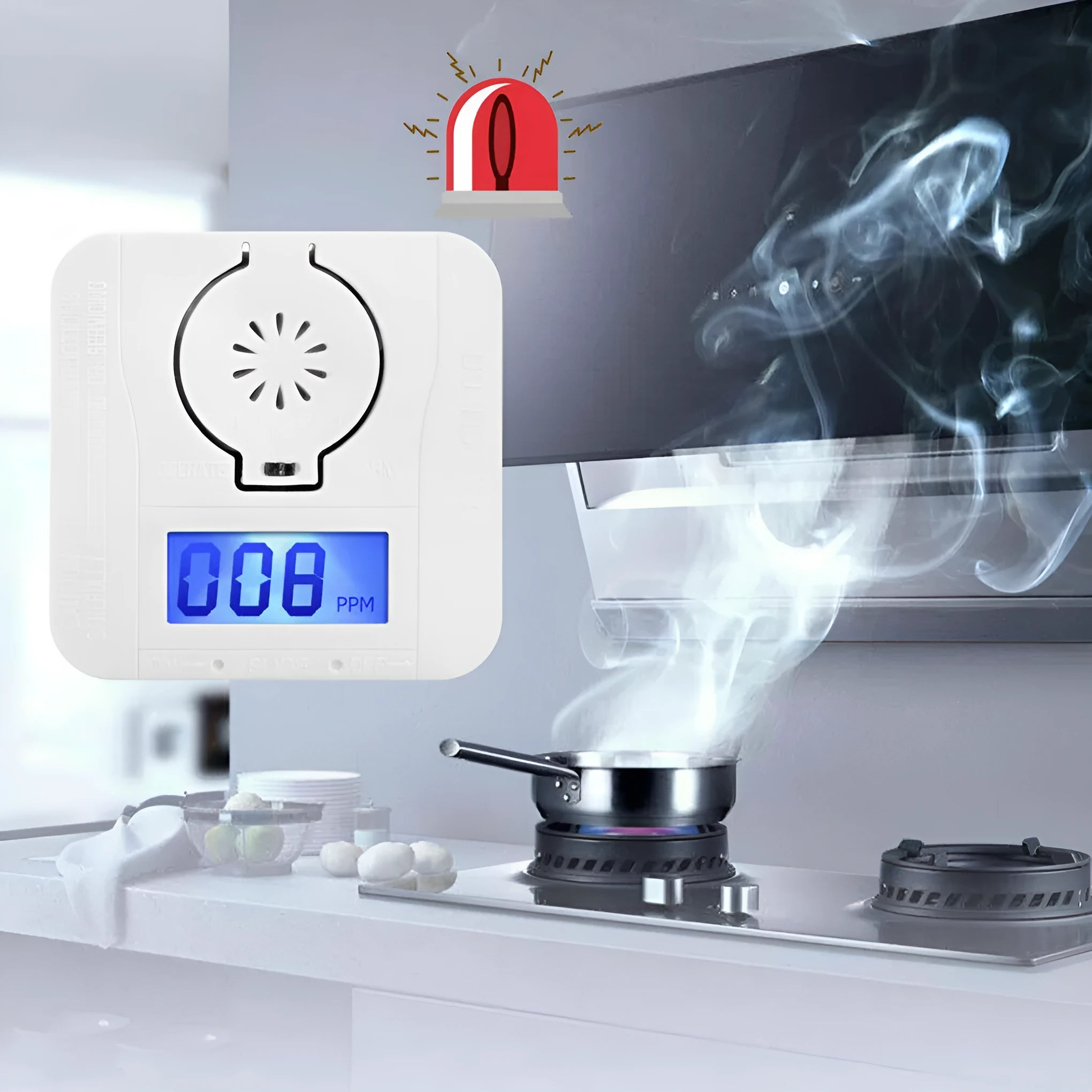 White wireless carbon monoxide alarm detector designed for wall mounting.