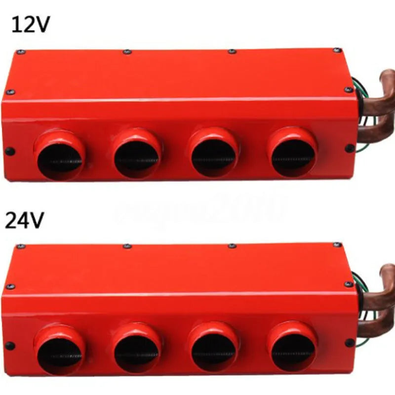Long metal car heater unit with four copper pipe connectors for engine coolant.