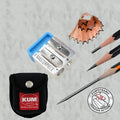 Segmented magnesium metal pencil sharpener with two-step sharpening, blue plastic plug, spare blades and hard plastic box