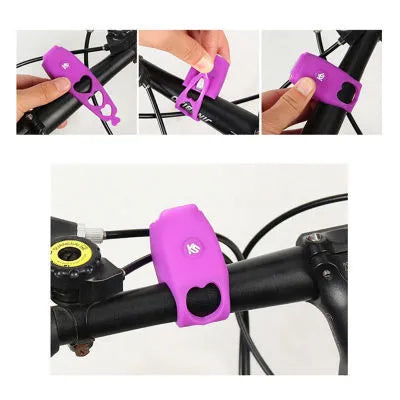 Bicycle electronic bell with silicone mount, 120dB, 6 sound modes, IPX4 waterproof, in violet colour on handlebar