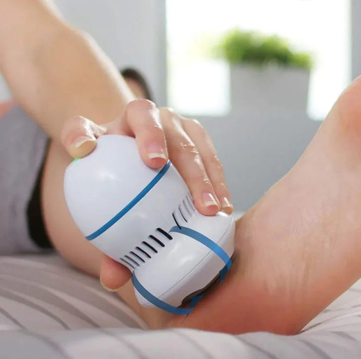 Beige electric foot file grinder with vacuum system and USB charging cable