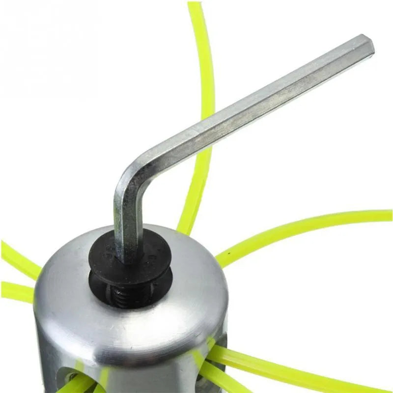 Silver aluminium grass trimmer head for lawn mower with four light yellow cutting lines