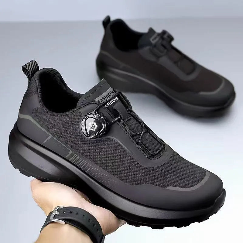 Men's black rotating button casual sneakers with thick platform sole and mesh lining