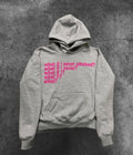 Black heavyweight hooded sweater with letter print and figures pattern design, regular sleeves, pullover style