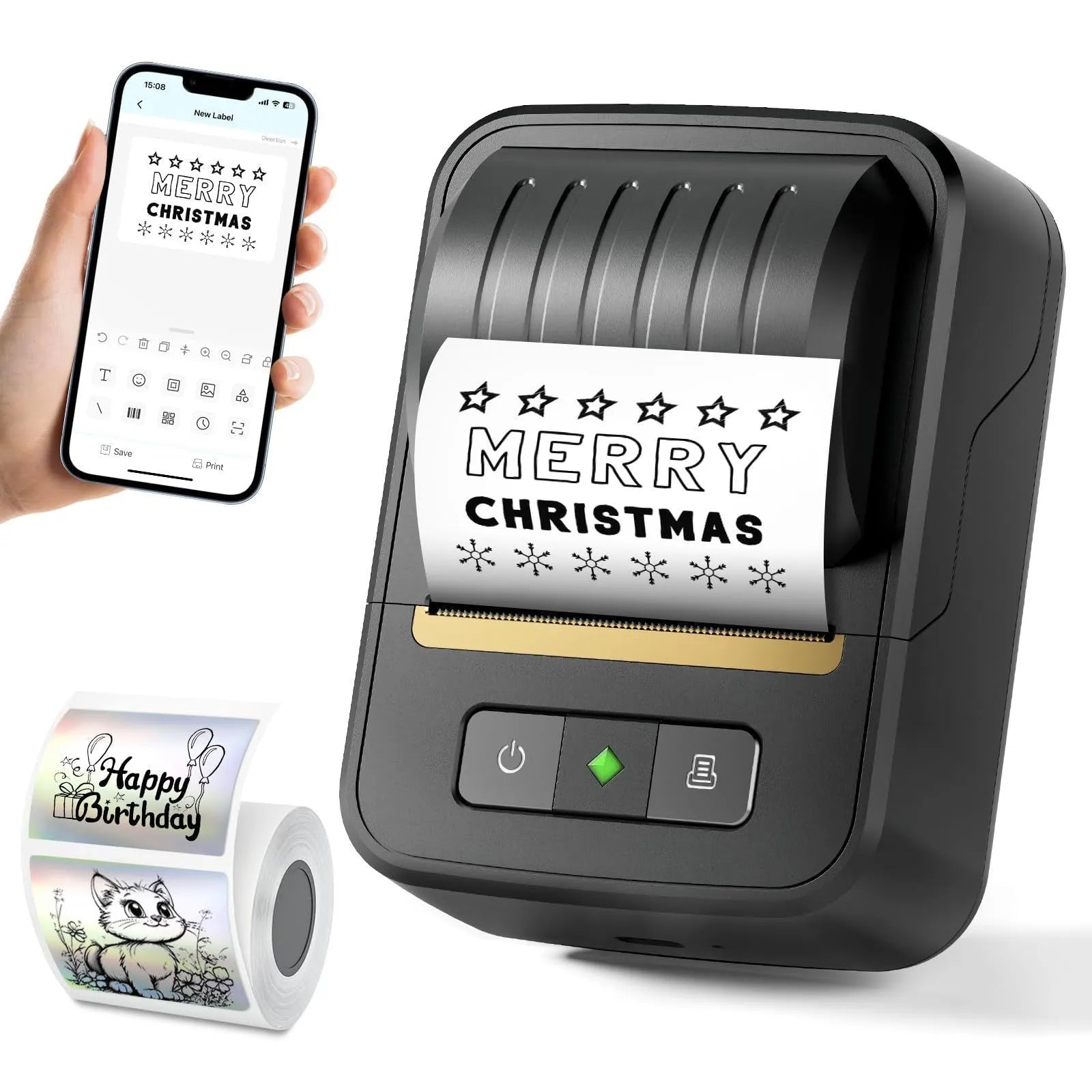Black Bluetooth thermal label printer with 40x30mm label roll and Type-C cable