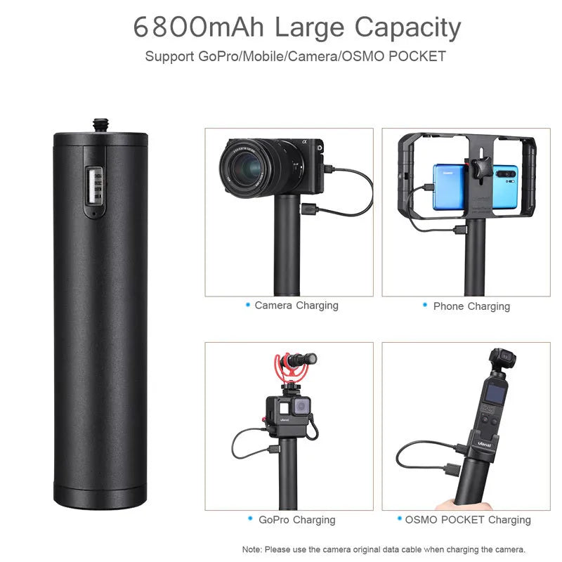 Black aluminium alloy portable power bank handle with 6800mAh capacity.