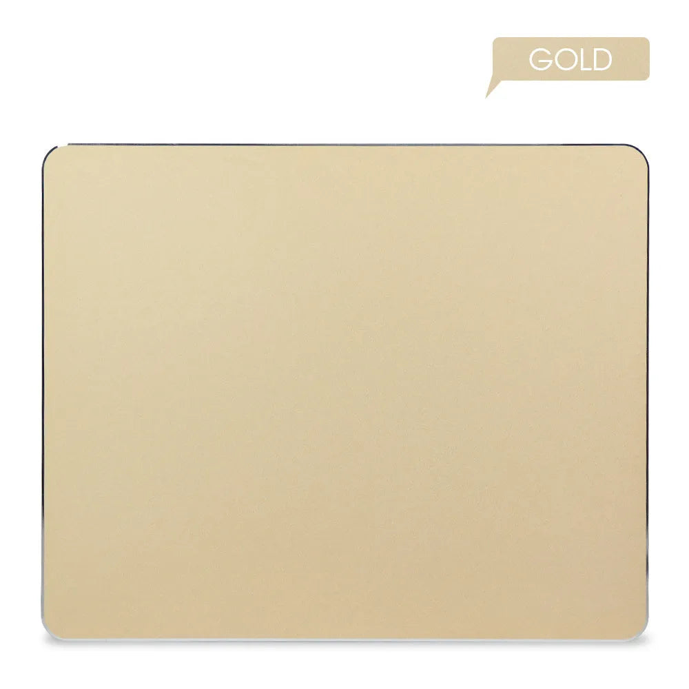Aluminium alloy double-sided mouse pad with wrist support, USB hub, and hand warmer, in black, gold, or silver.