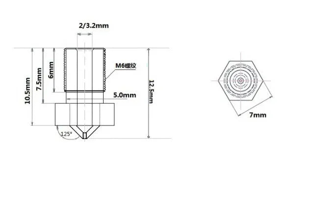 Brass 3D printer nozzle with M6 thread, 7mm x 12mm body, for 1.75mm filament