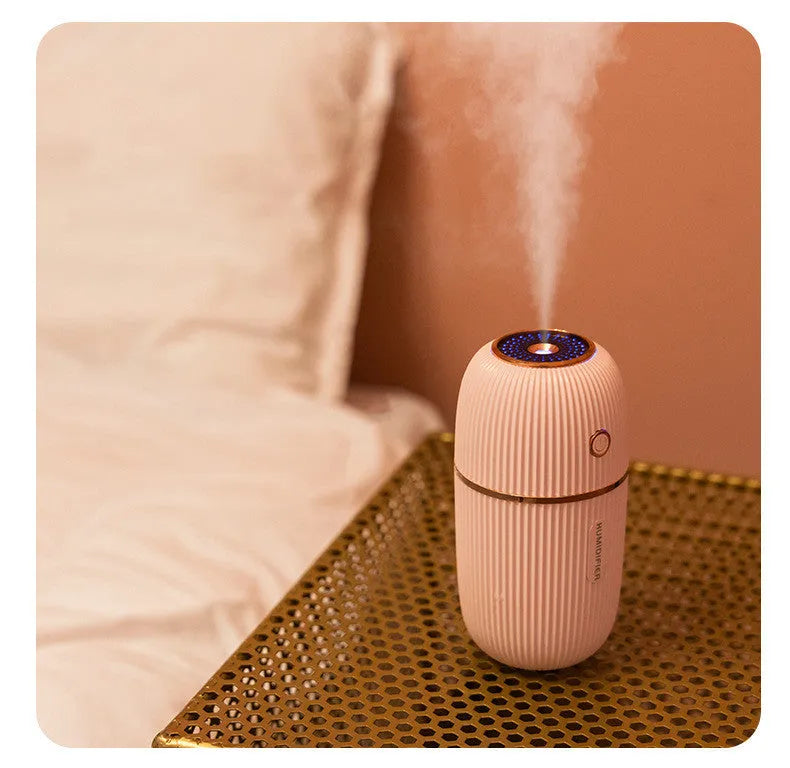 300ml USB mini ultrasonic humidifier with colourful LED lights, 151.3 x 78.6 x 78.6mm, in blue, pink, white, or navy blue