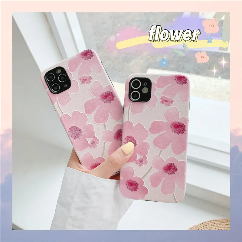 Pink floral soft rubber phone case with lanyard hole for Apple iPhone
