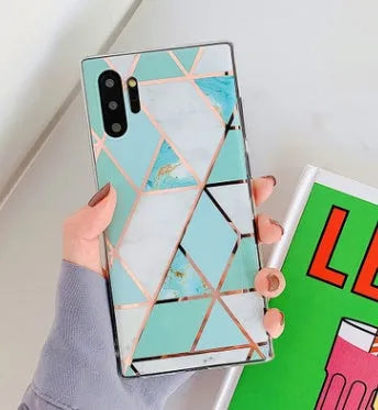 Electroplated marble design phone case for Huawei and Samsung smartphones in various colours.