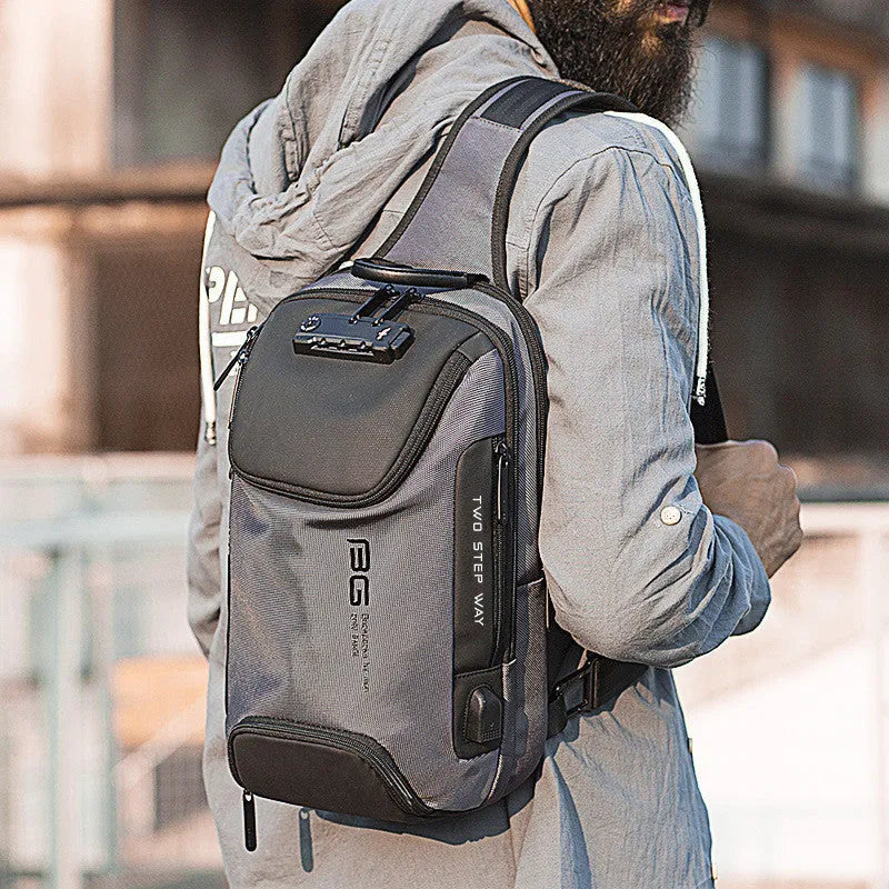 Men's Oxford cloth waist chest bag in black or grey, 21x12x35cm, with main bag, IPAD bag and compartment bag