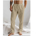 Men's light blue cotton linen loose-fit trousers with an elastic drawstring waist and straight legs.