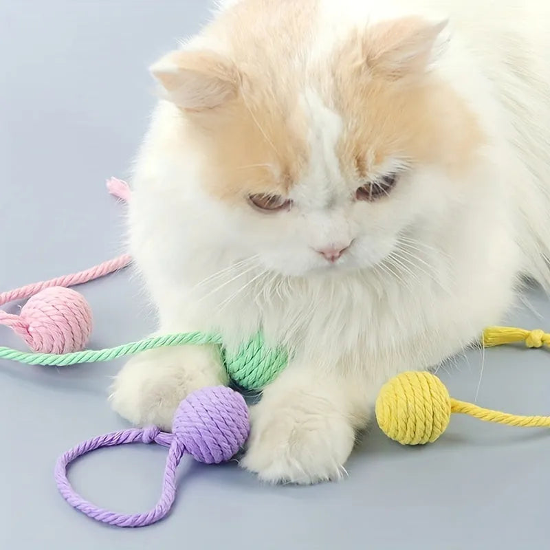 Colourful cat toy ball with rope attachment and built-in bell for interactive pet play