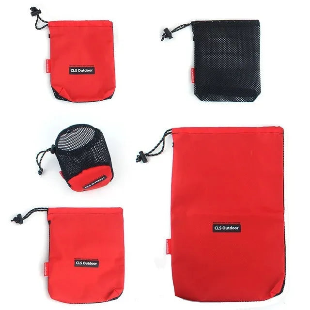 Set of five red outdoor storage bags with mesh panels and zipper closures made from 200D Oxford cloth