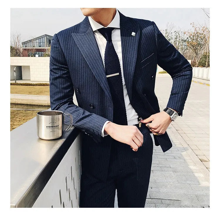 Three-piece men formal suit set jacket vest trousers slim fit black blue gray wedding business wear