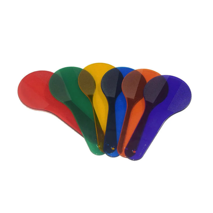 Six colourful PVC learning boards for children, showing red, yellow, blue, green, orange, and purple