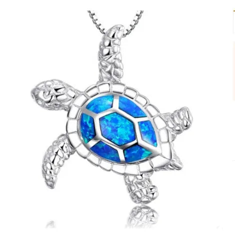 Silver filled blue opal sea turtle pendant necklace with vintage finish