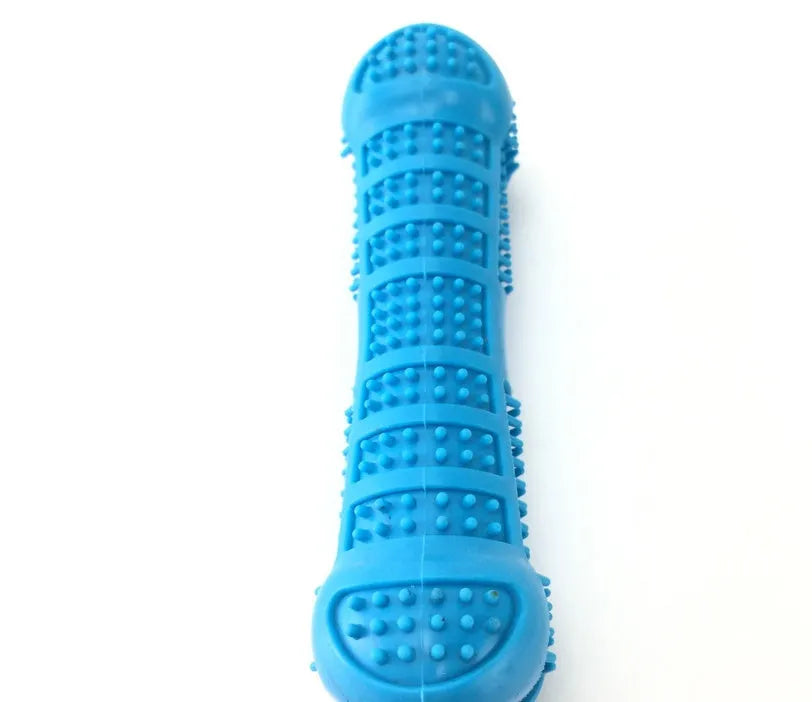 Bone-shaped silicone dog toothbrush with bristles on all sides and top toothpaste hole, in blue or green.