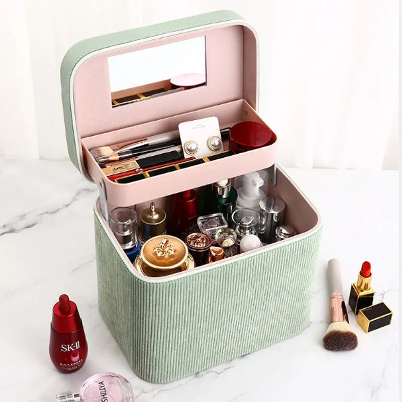 Large corduroy cosmetic storage box with solid colour options for home organisation.