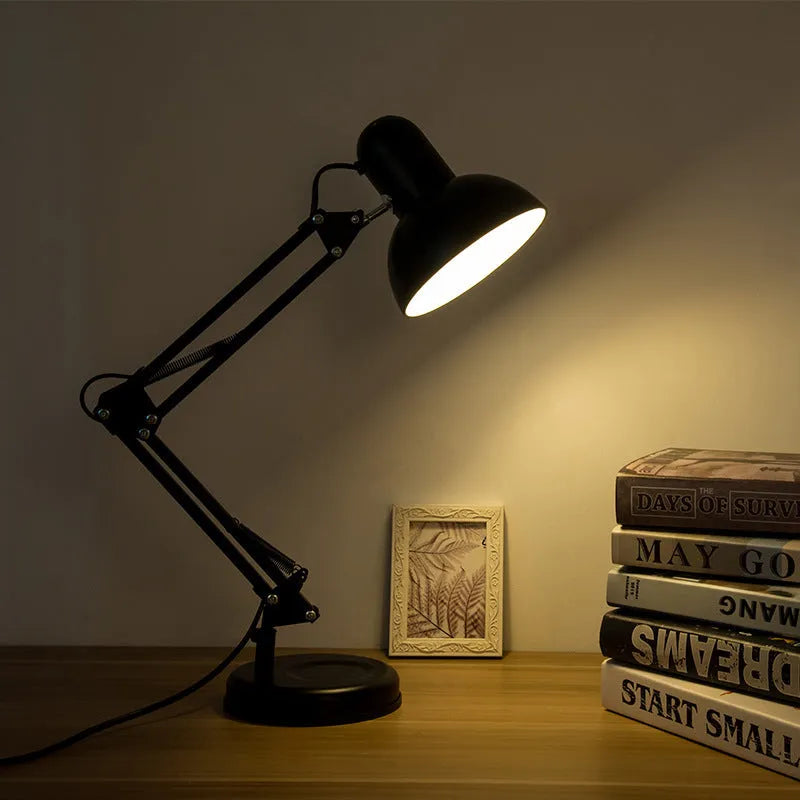 Adjustable long swing arm clip desk lamp in black with iron finish and E27 socket