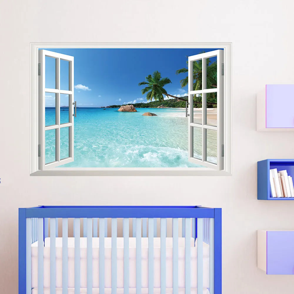 Sea view window wall sticker PVC mural 60x90cm with fire retardant and antifouling functions
