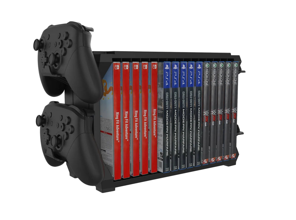 Black PS5 disc holder stand with slots for game cases and a rack holding four controllers.