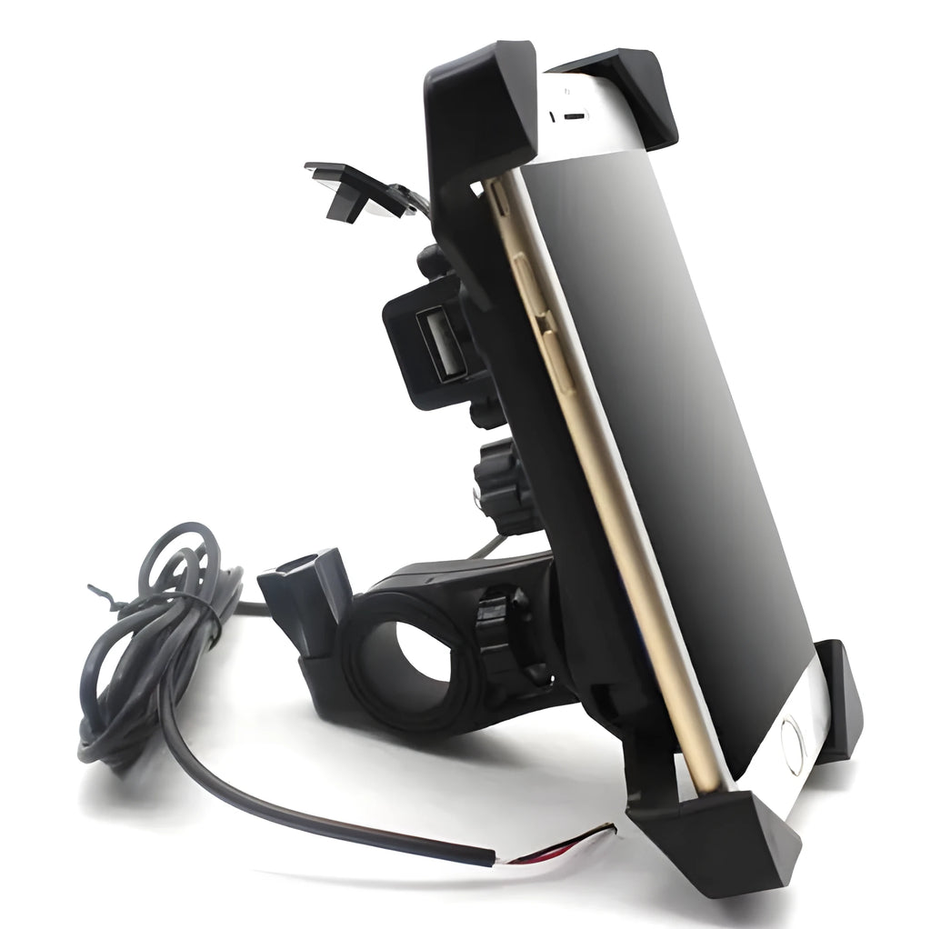 Black ABS motorcycle phone holder CD-169 mounted on a handlebar, showing USB charging port and adjustable phone clamp.