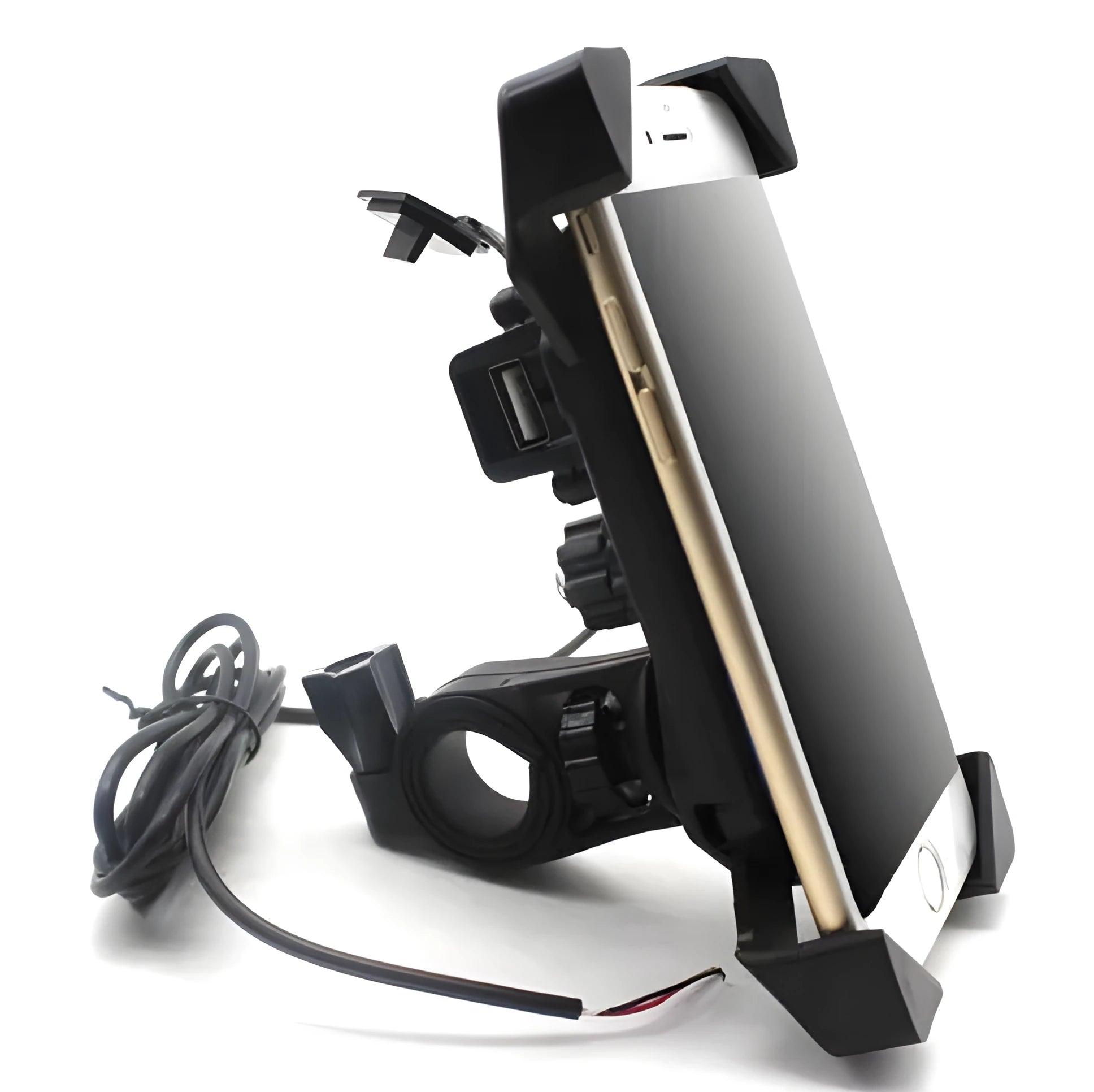 Black ABS motorcycle phone holder CD-169 mounted on a handlebar, showing USB charging port and adjustable phone clamp.