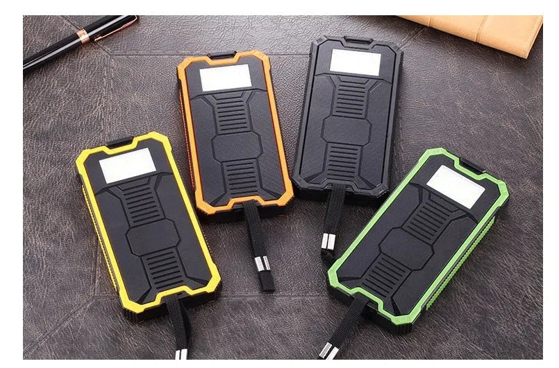 Solar power bank portable charger with plastic housing in black, green, orange, or yellow colour options