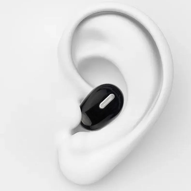 X9 mini single ear Bluetooth headset in black bare metal finish, shown as an earplug-type wireless earpiece.