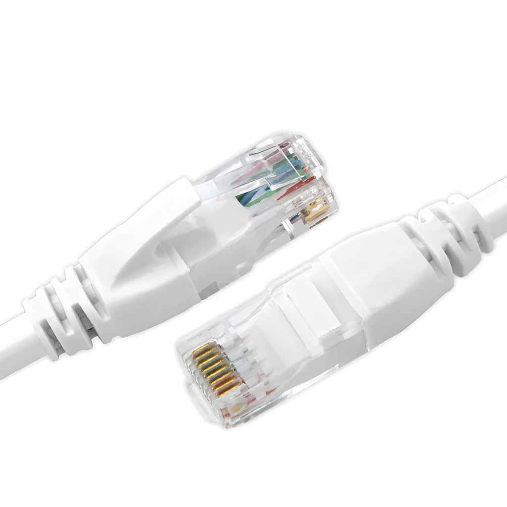 White Cat6 RJ-45 Ethernet network cable with CCA conductors on a plain background