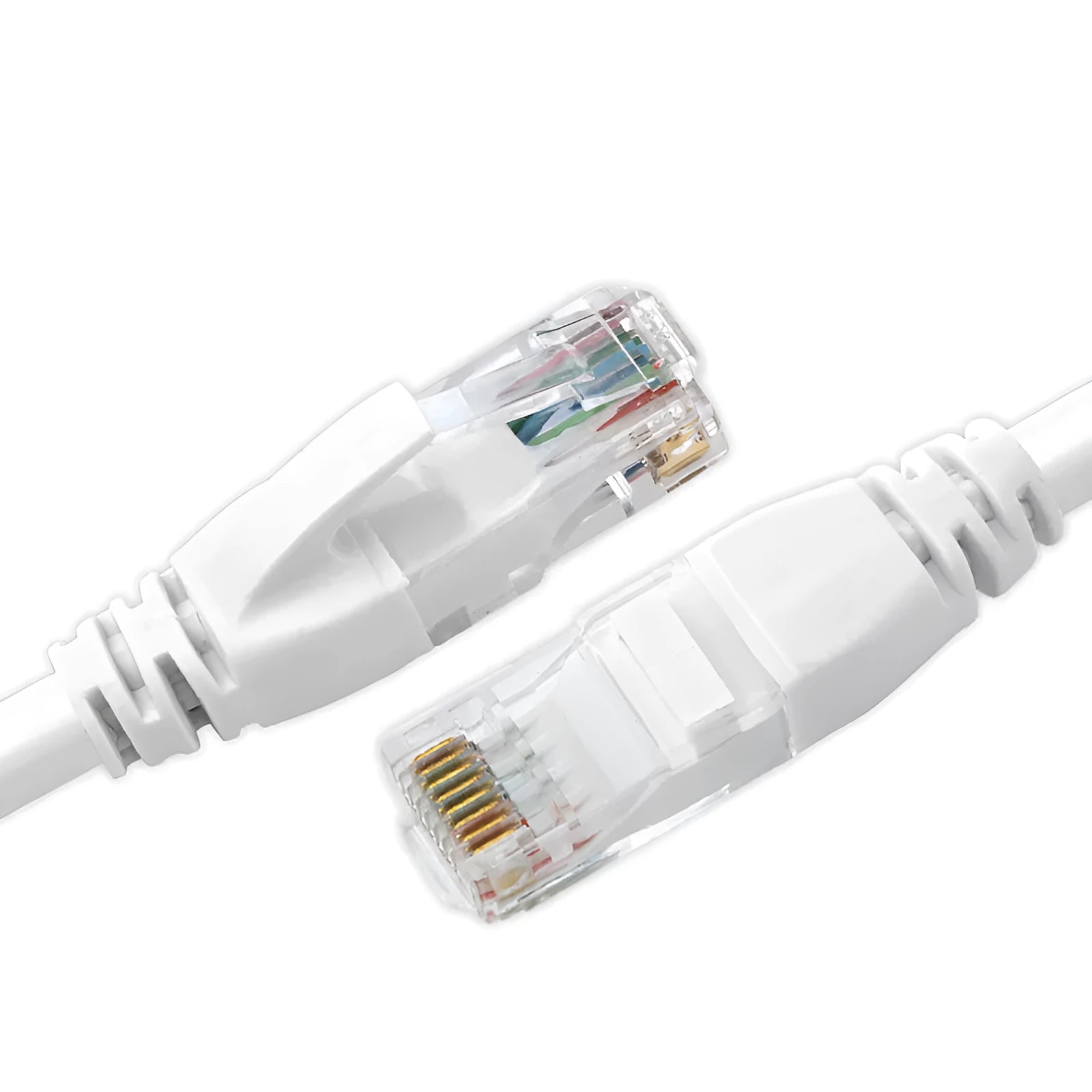 White Cat6 RJ-45 Ethernet network cable with CCA conductors on a plain background