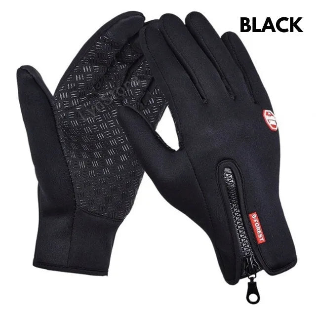 Pair of winter touch screen riding gloves in blue with polar fleece lining and antiskid grip for motorcycle use