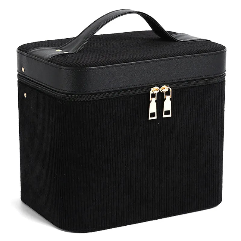 Large corduroy cosmetic storage box with solid colour options for home organisation.