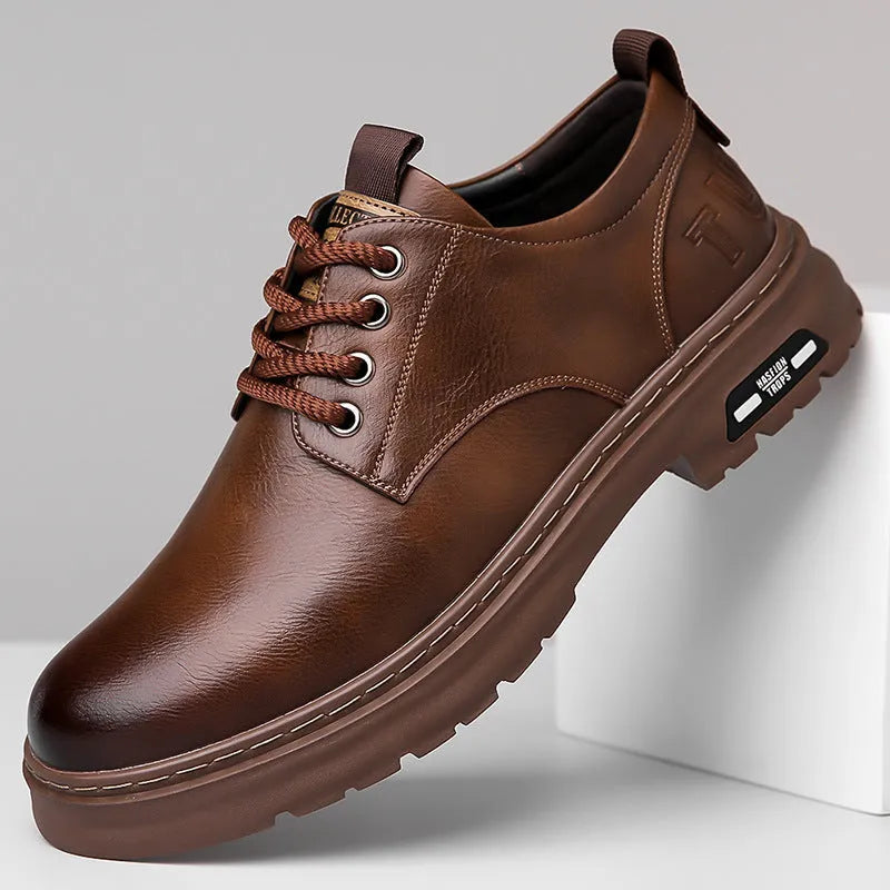 Men's black retro casual leather shoes with round toe and flat square heel on a white background