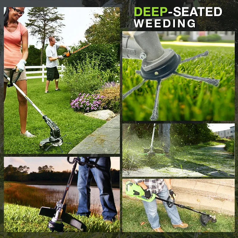 Stainless steel replacement brush head accessory for a lithium battery electric wire mower.