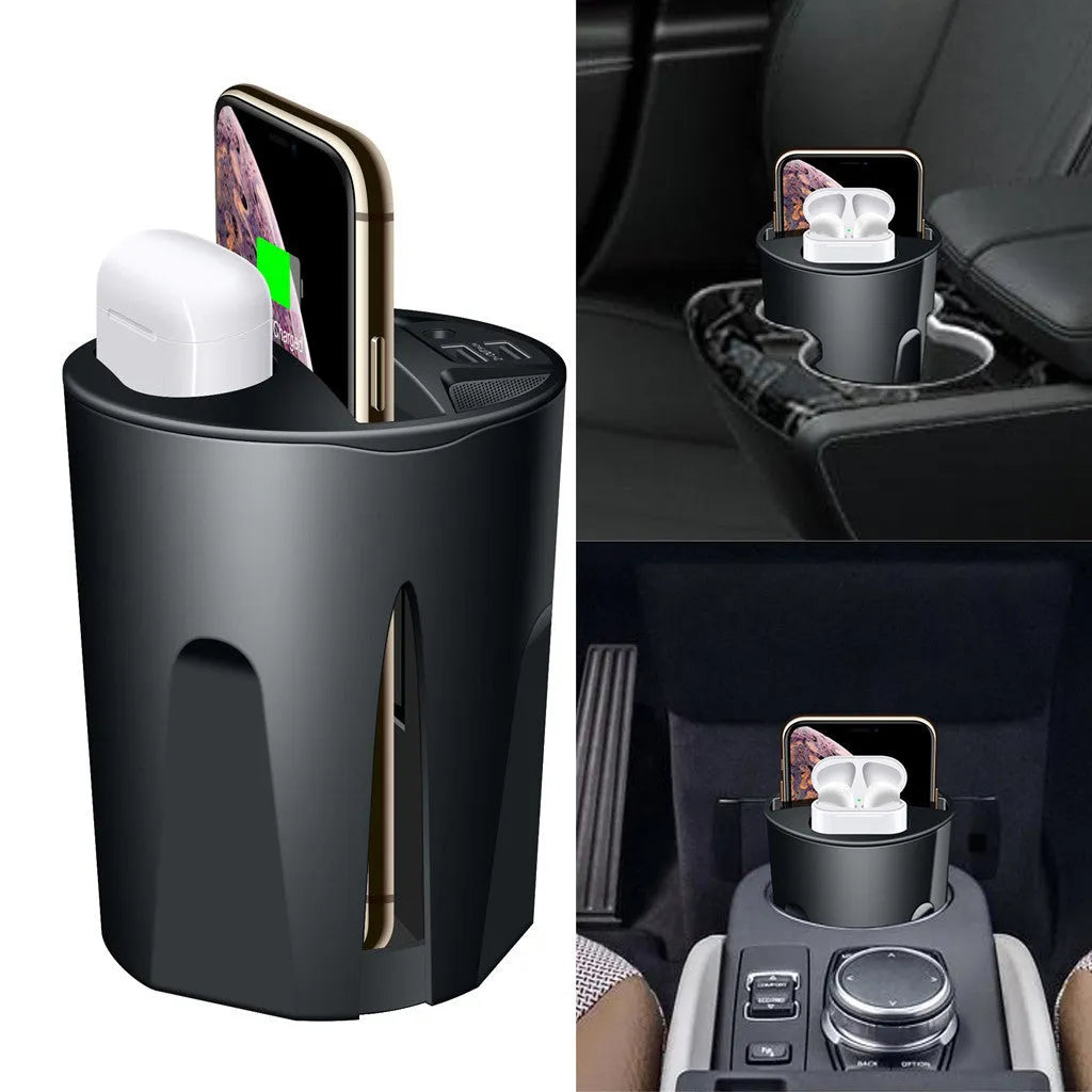 Black X9 car wireless charging cup and stand with Qi logo, showing USB and Type-C ports.