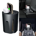 Black X9 car wireless charging cup and stand with Qi logo, showing USB and Type-C ports.
