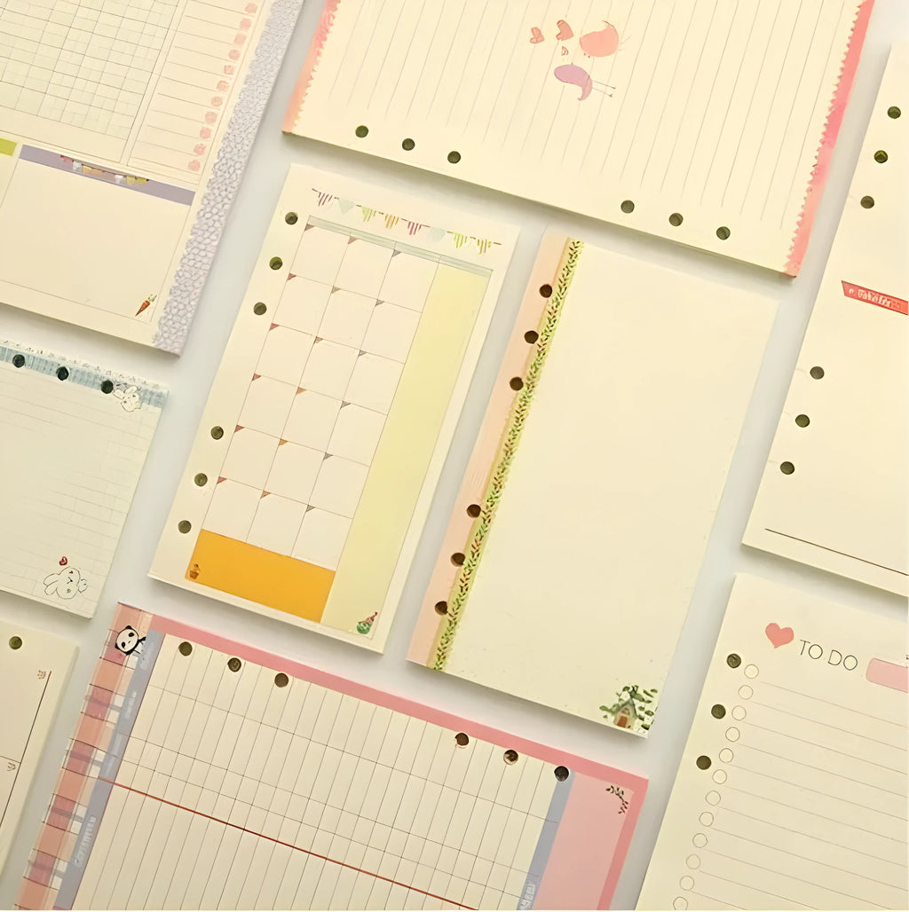 45 sheets of coloured A5 A6 binder filler paper with multiple ruling styles for planners and diaries