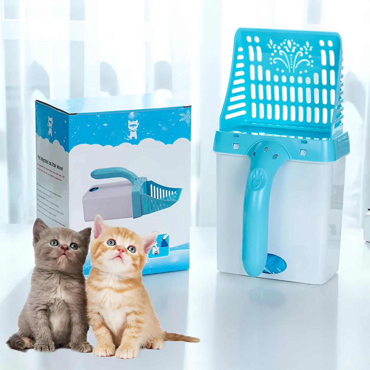 Neater Litter Scooper cat litter sifter scoop with attached waste bin and 15 scented bags, green blue grey, 24x10.5x5cm