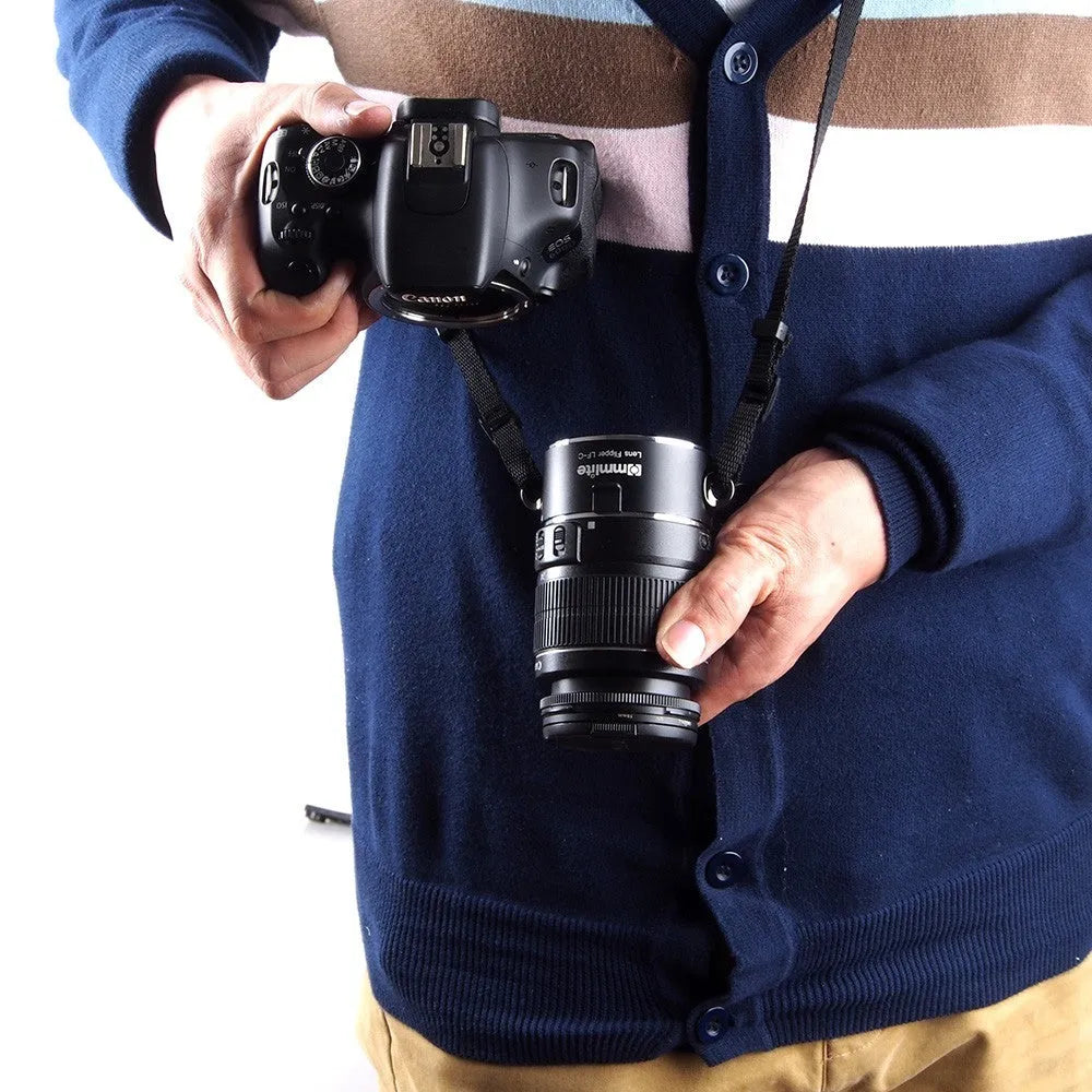 Aluminium camera lens flipper holder with two lenses attached on a cotton shoulder strap.