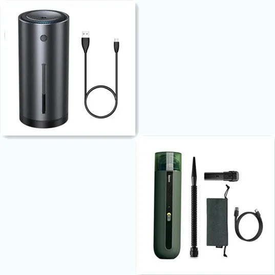 Starry sky black handheld car vacuum cleaner with a blowing hose attachment on a car seat.