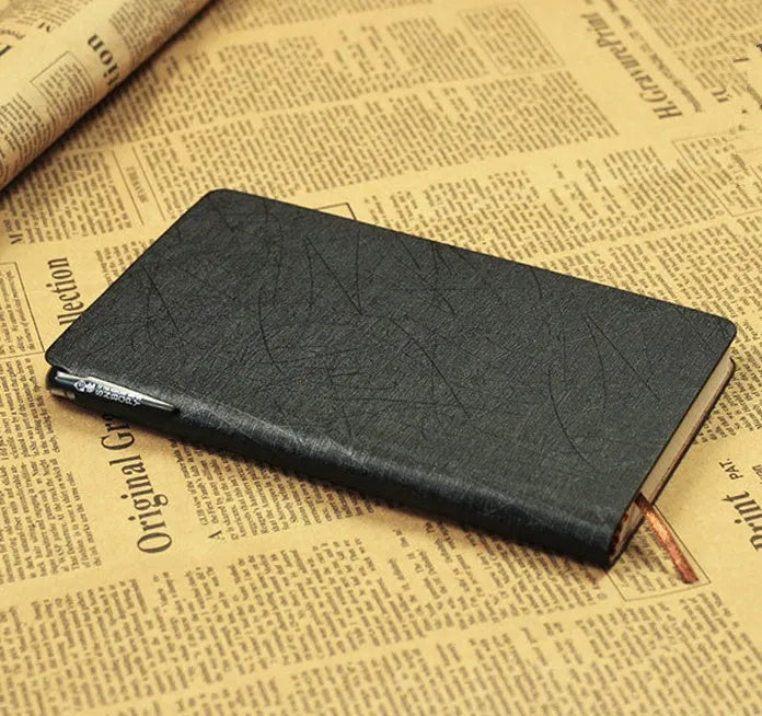 A6 PU leather notebook with pen slot, 100 forest paper pages, black cover, pen design notepad