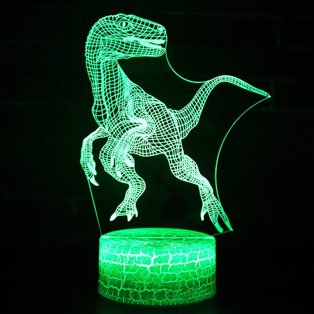 Colourful dinosaur 3D LED night light with touch controls on a compact ABS base.
