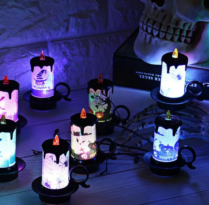 Halloween LED candle light, acrylic cylindrical oil-lamp style with horror stickers, 7 cm x 8.5 cm